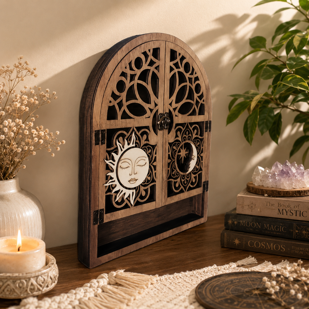 Celestial Wooden Crystal Display Shelf Sun & Moon Wall Cabinet, Witchy Altar Storage for Crystals, Essential Oils & Spiritual Decor