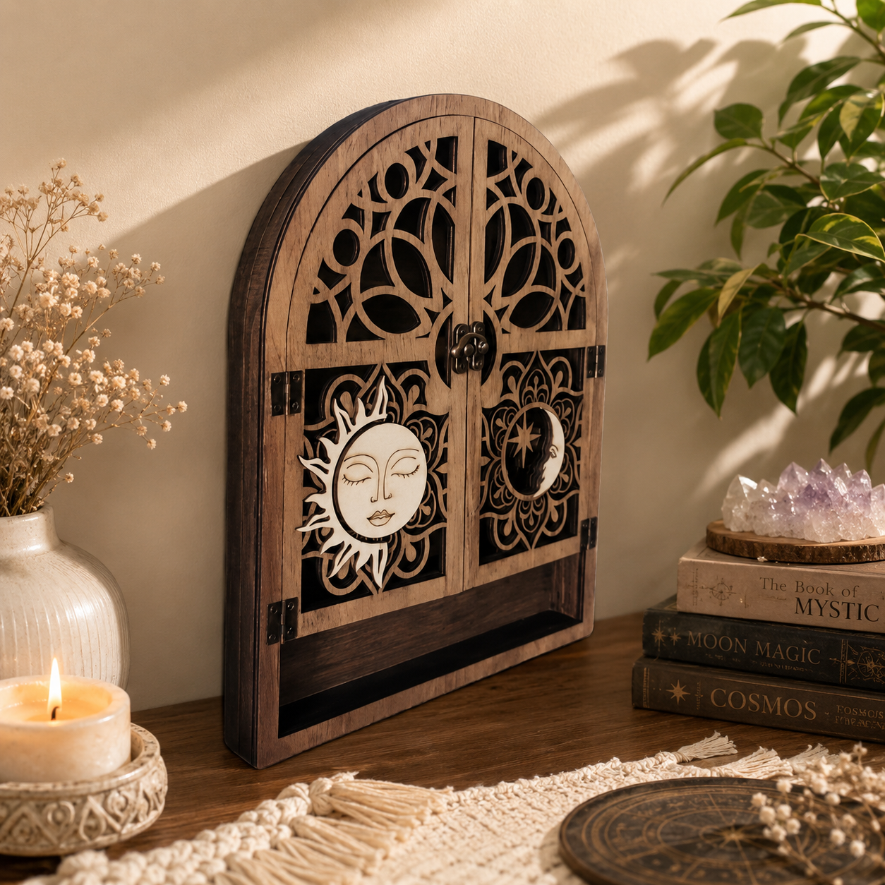 Celestial Wooden Crystal Display Shelf Sun & Moon Wall Cabinet, Witchy Altar Storage for Crystals, Essential Oils & Spiritual Decor