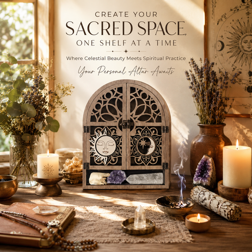 Celestial Wooden Crystal Display Shelf Sun & Moon Wall Cabinet, Witchy Altar Storage for Crystals, Essential Oils & Spiritual Decor