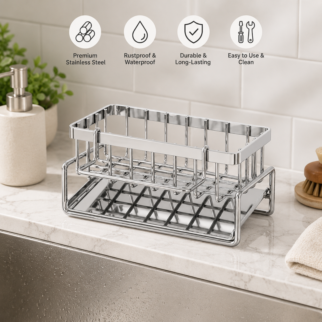 Stainless Steel Kitchen Sink Caddy Organizer Rustproof Sponge Holder with Drain Tray Kitchen Counter Storage for Soap, Brushes & Accessories