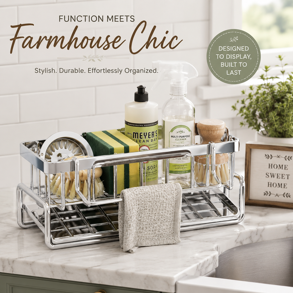 Stainless Steel Kitchen Sink Caddy Organizer Rustproof Sponge Holder with Drain Tray Kitchen Counter Storage for Soap, Brushes & Accessories