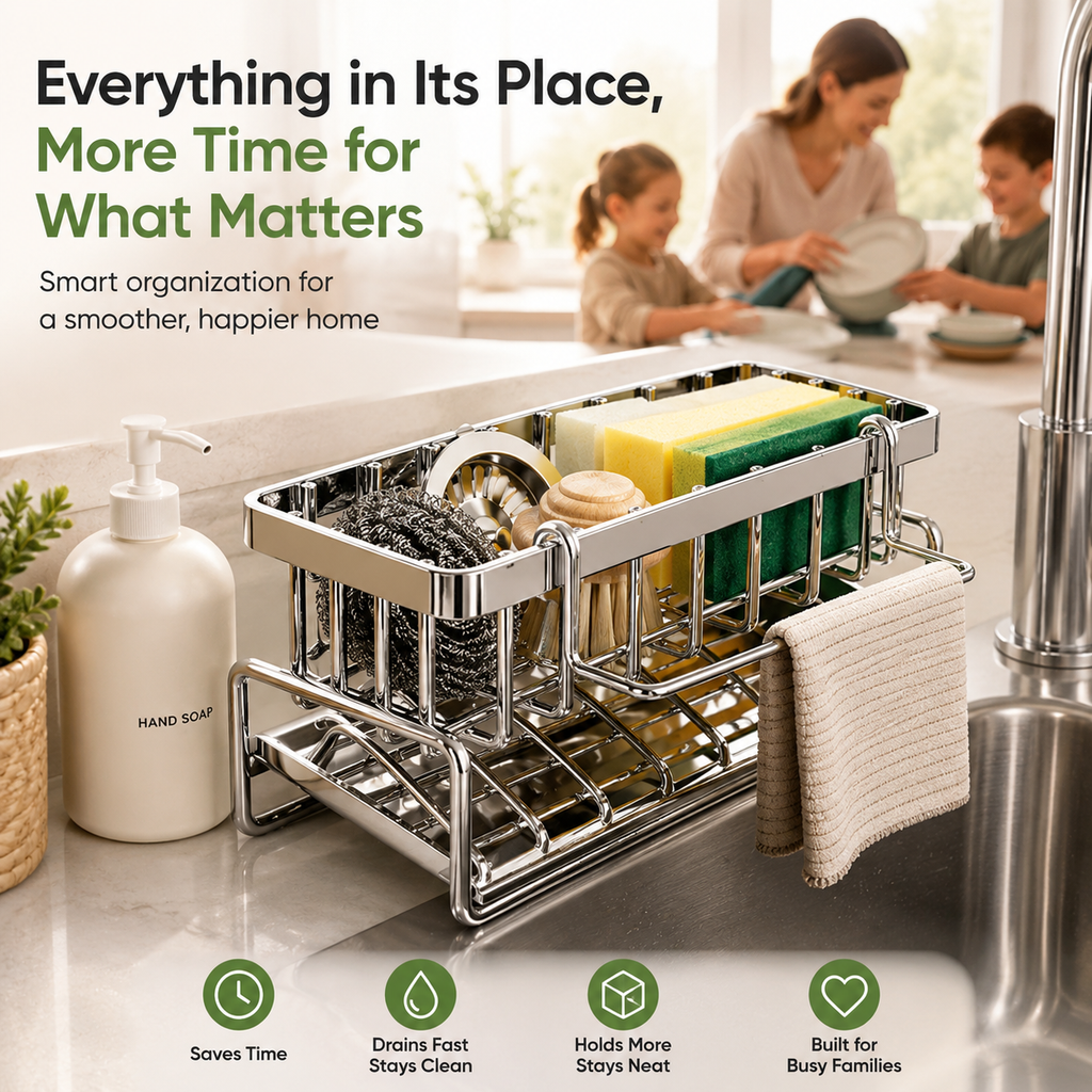Stainless Steel Kitchen Sink Caddy Organizer Rustproof Sponge Holder with Drain Tray Kitchen Counter Storage for Soap, Brushes & Accessories