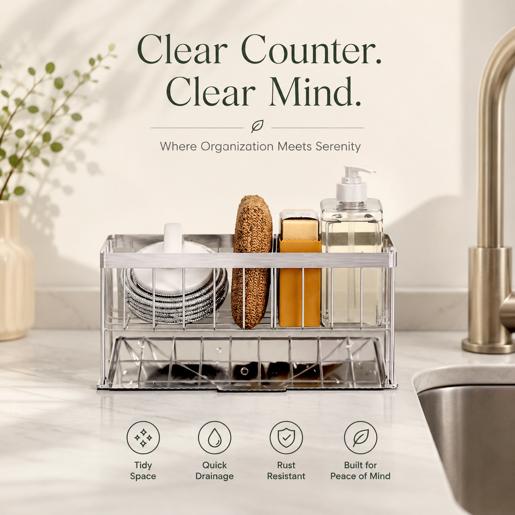 Stainless Steel Kitchen Sink Caddy Organizer Rustproof Sponge Holder with Drain Tray Kitchen Counter Storage for Soap, Brushes & Accessories