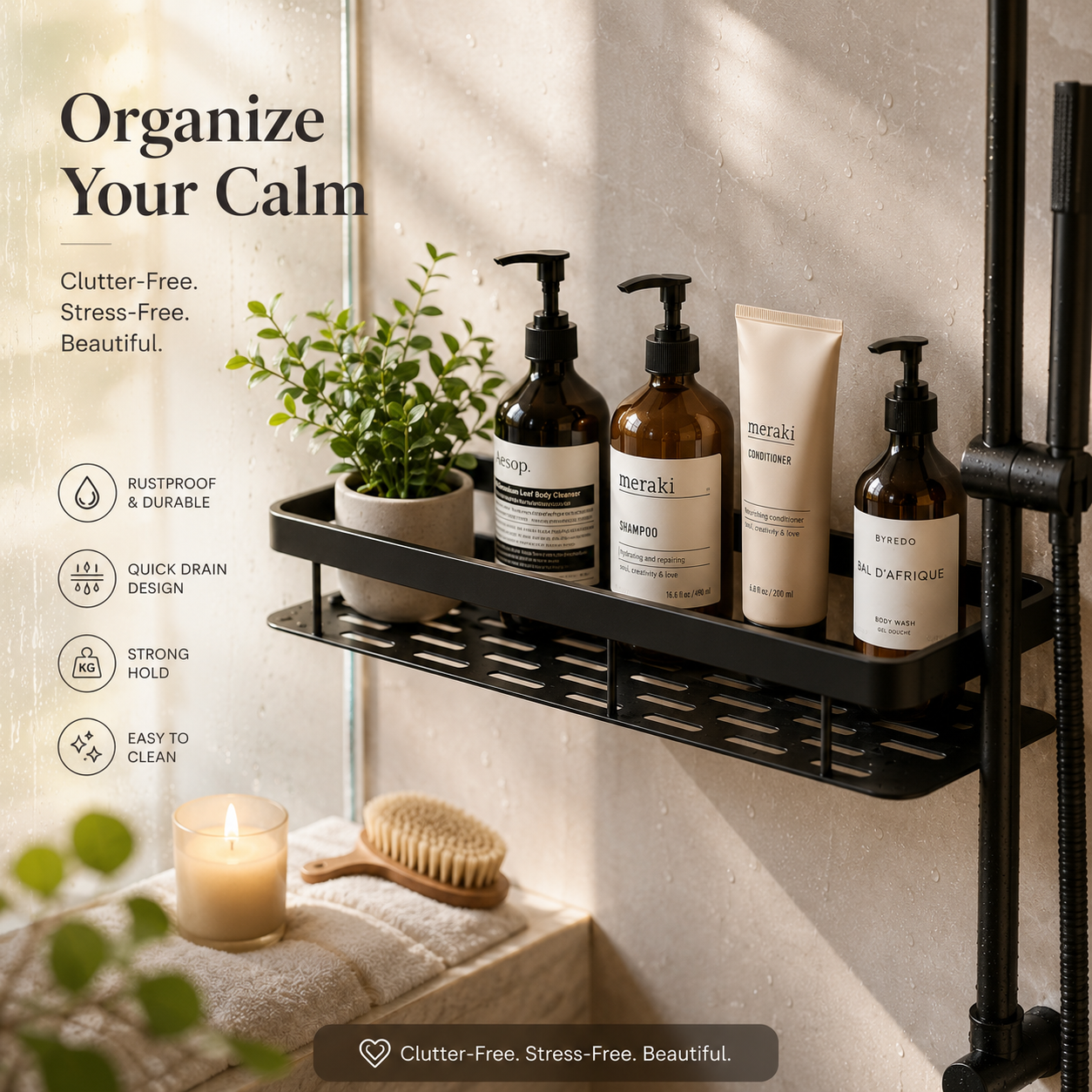 No Drill Shower Caddy Shelf, Adhesive Bathroom Organizer Rustproof Aluminum Shower Storage Rack for Shampoo, Soap & Toiletries
