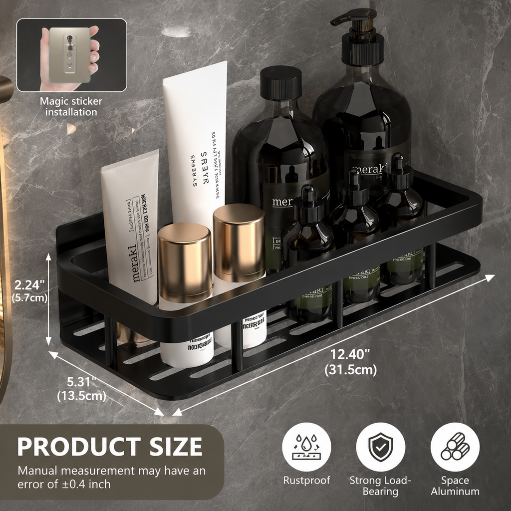 No Drill Shower Caddy Shelf, Adhesive Bathroom Organizer Rustproof Aluminum Shower Storage Rack for Shampoo, Soap & Toiletries