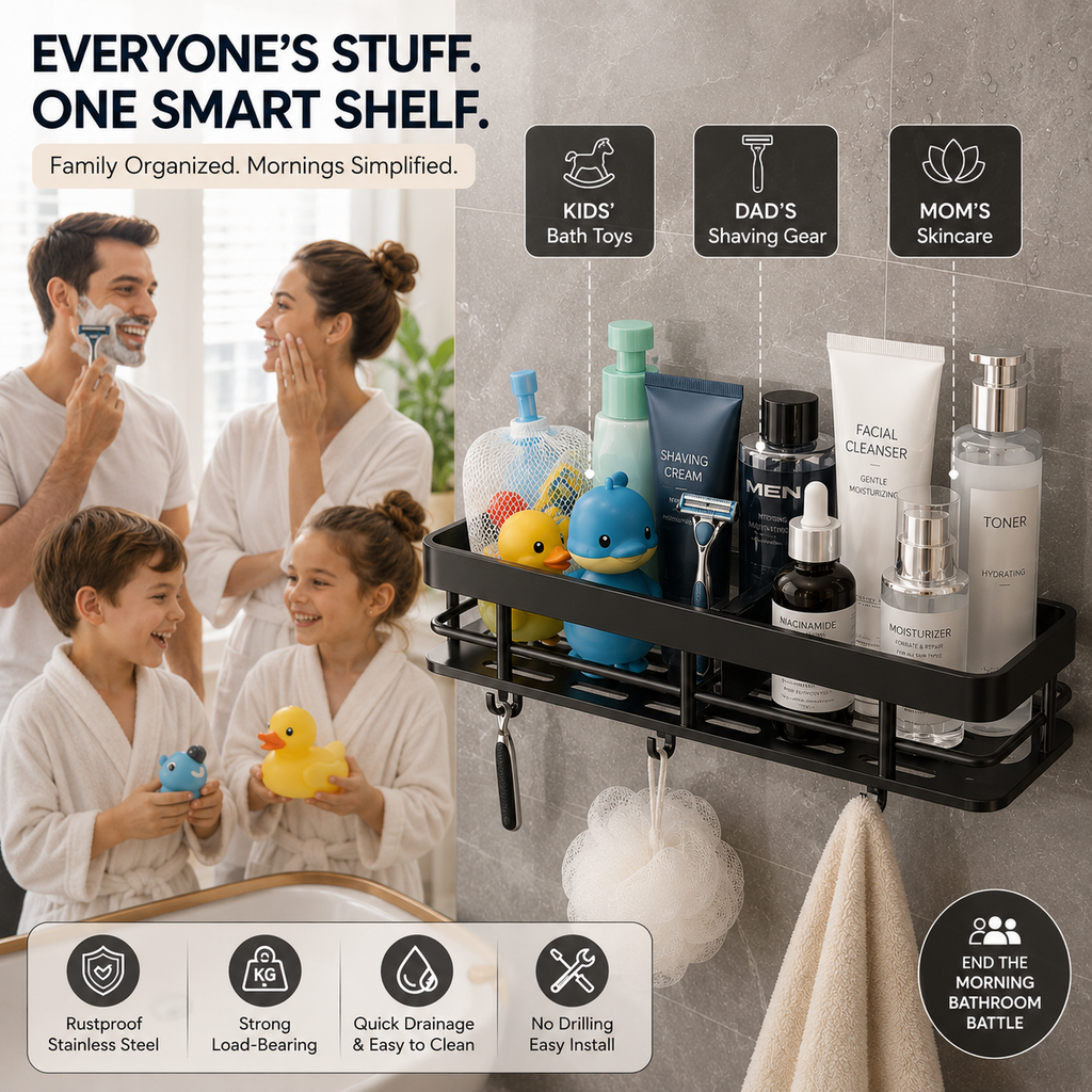 No Drill Shower Caddy Shelf, Adhesive Bathroom Organizer Rustproof Aluminum Shower Storage Rack for Shampoo, Soap & Toiletries