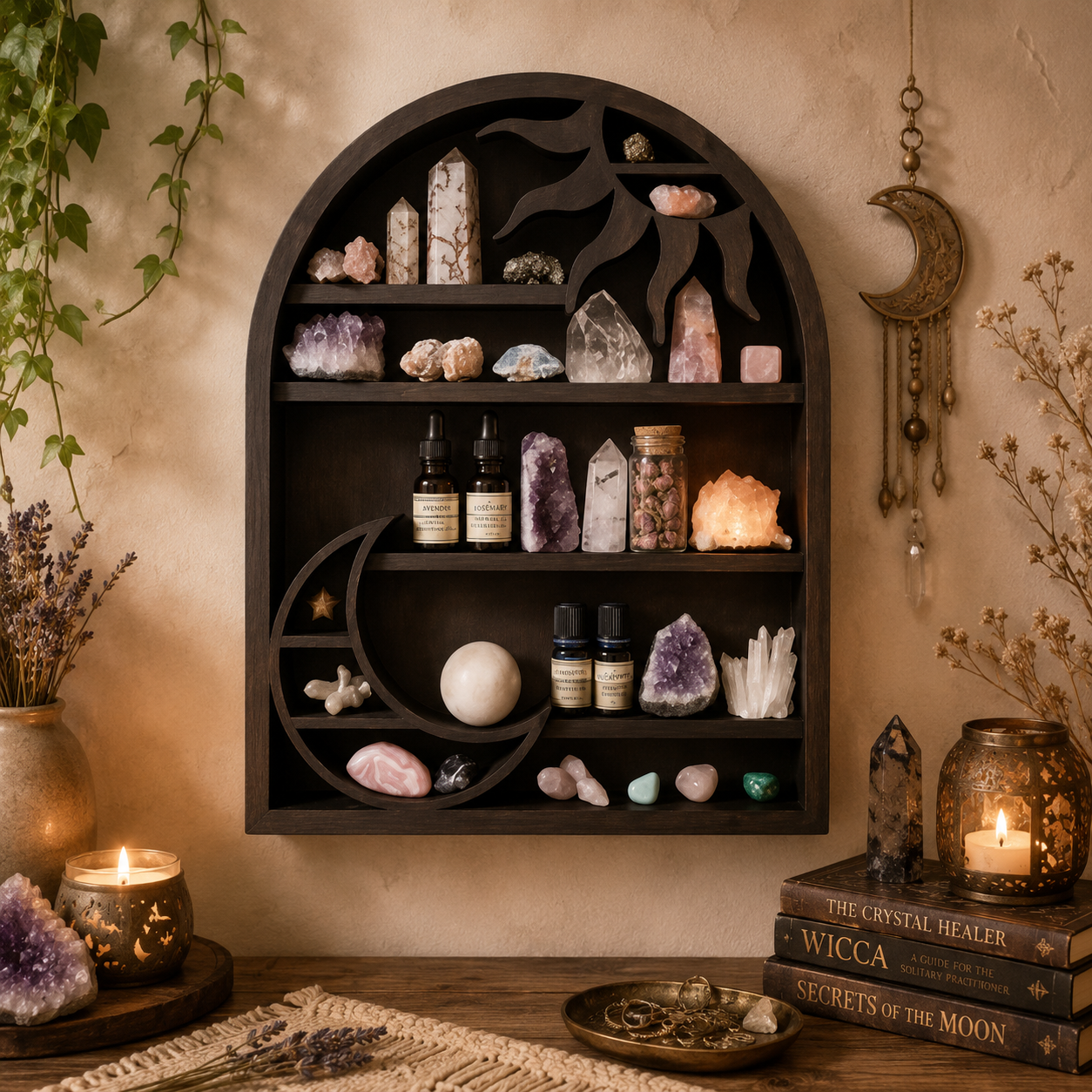 Celestial Wooden Crystal Display Shelf Sun & Moon Wall Cabinet, Witchy Altar Storage for Crystals, Essential Oils & Spiritual Decor