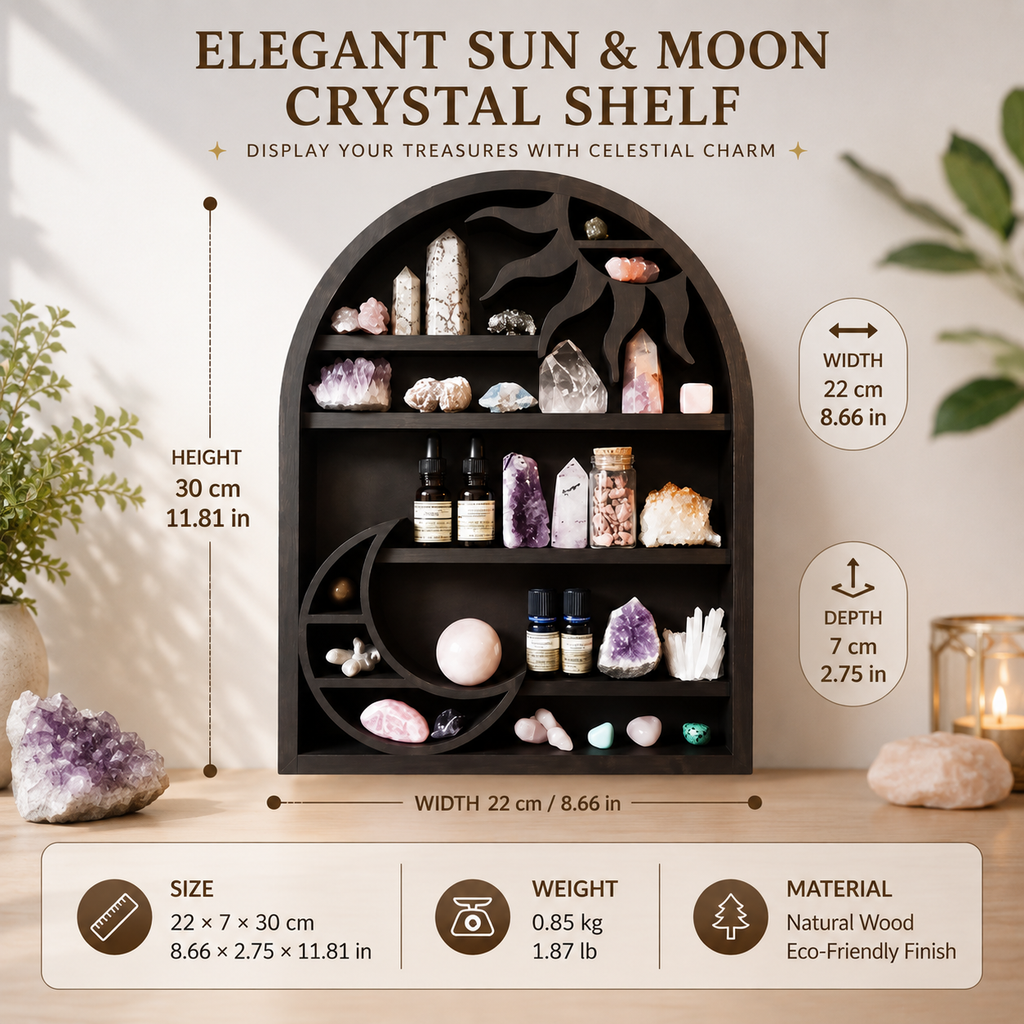 Celestial Wooden Crystal Display Shelf Sun & Moon Wall Cabinet, Witchy Altar Storage for Crystals, Essential Oils & Spiritual Decor