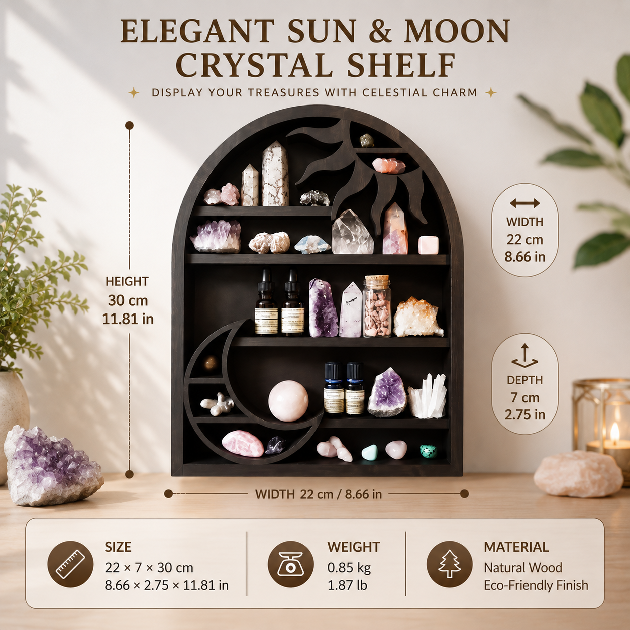 Celestial Wooden Crystal Display Shelf Sun & Moon Wall Cabinet, Witchy Altar Storage for Crystals, Essential Oils & Spiritual Decor