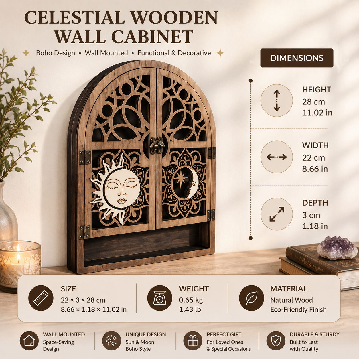 Celestial Wooden Crystal Display Shelf Sun & Moon Wall Cabinet, Witchy Altar Storage for Crystals, Essential Oils & Spiritual Decor